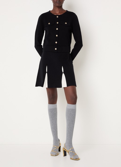 Claudie Pierlot Fijngebreide high waist mini plooirok in wolblend - voorkant 2 zwart