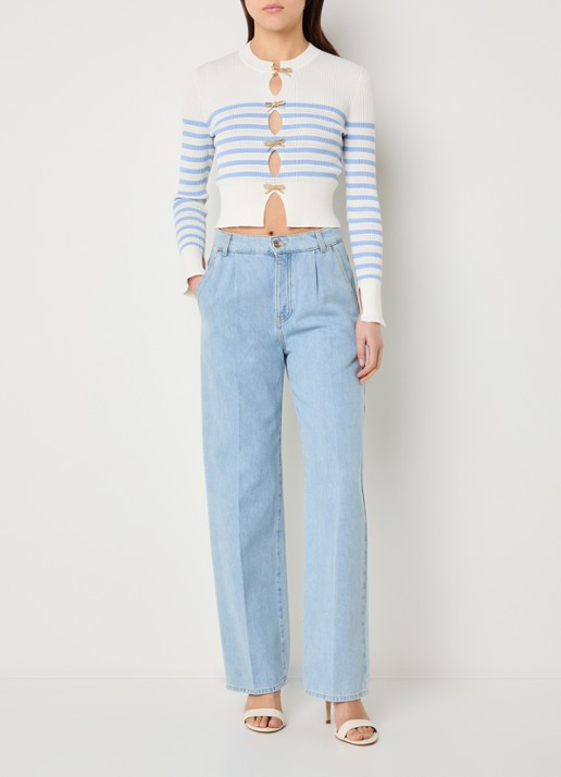Claudie Pierlot Fijngebreide top met streepprint en cut-out detail - voorkant 2 blauwgrijs