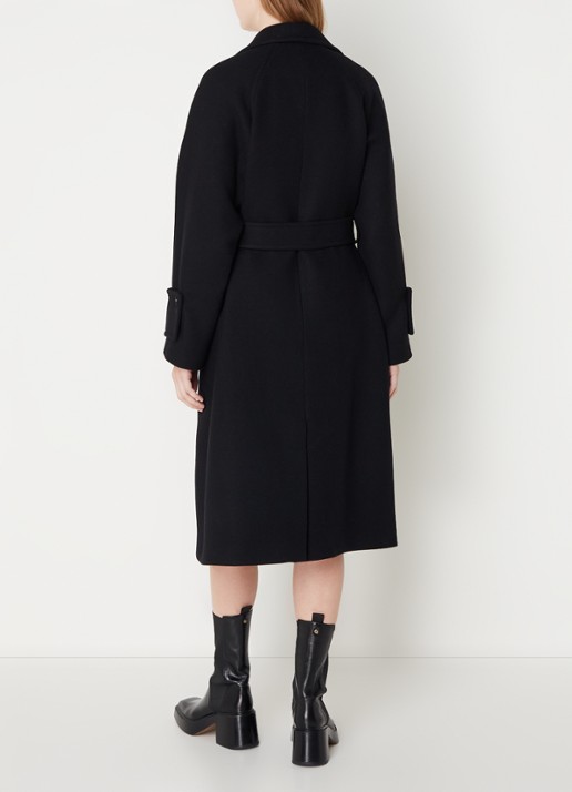 Claudie Pierlot Gama double-breasted mantel in wolblend met strikceintuur - achterkant zwart