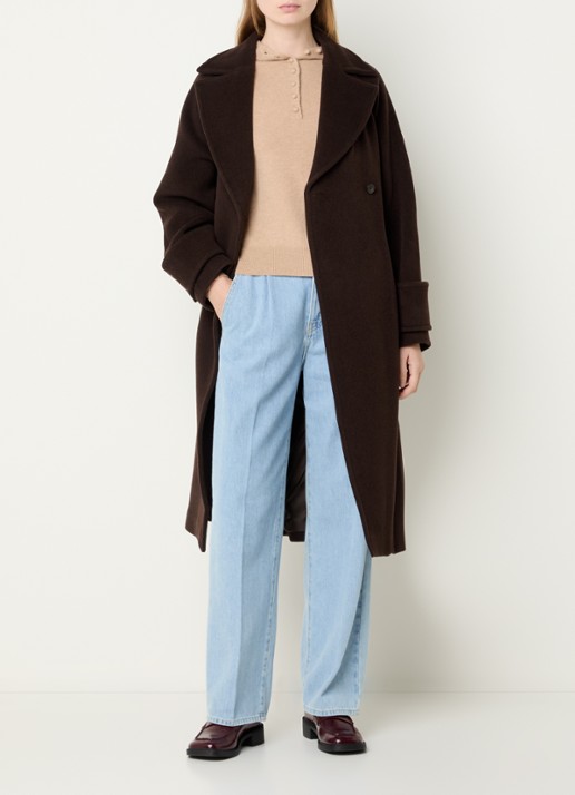 Claudie Pierlot Gama mantel in wolblend met strikceintuur - voorkant 2 donkerbruin