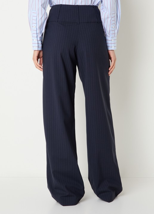 Claudie Pierlot High waist loose fit pantalon in wolblend met krijtstreep - achterkant 3 donkerblauw