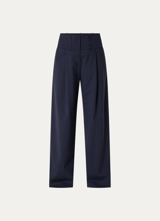 Claudie Pierlot High waist loose fit pantalon in wolblend met krijtstreep - voorkant donkerblauw