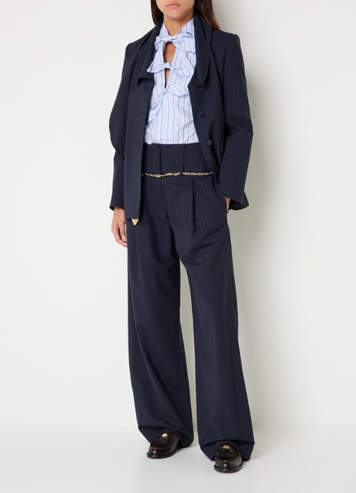 Claudie Pierlot High waist loose fit pantalon in wolblend met krijtstreep - voorkant 2 donkerblauw