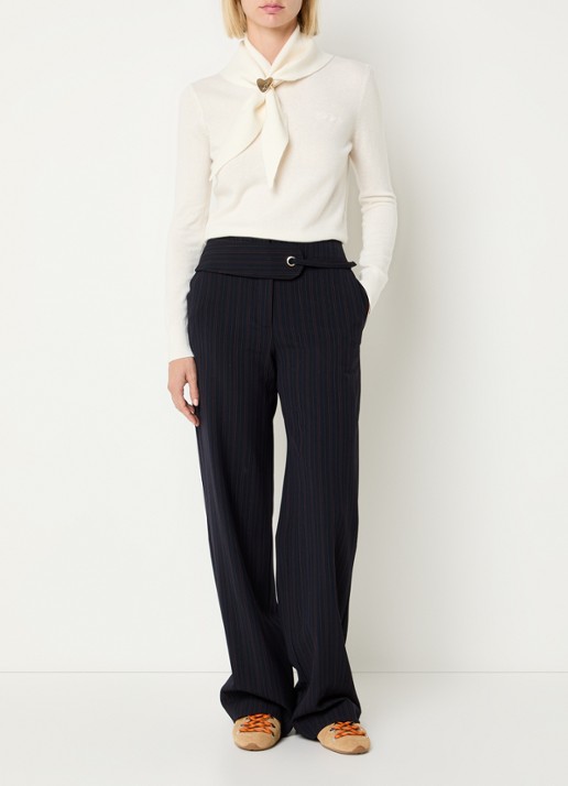 Claudie Pierlot High waist loose fit pantalon met streepprint en steekzakken - voorkant 4 donkerblauw