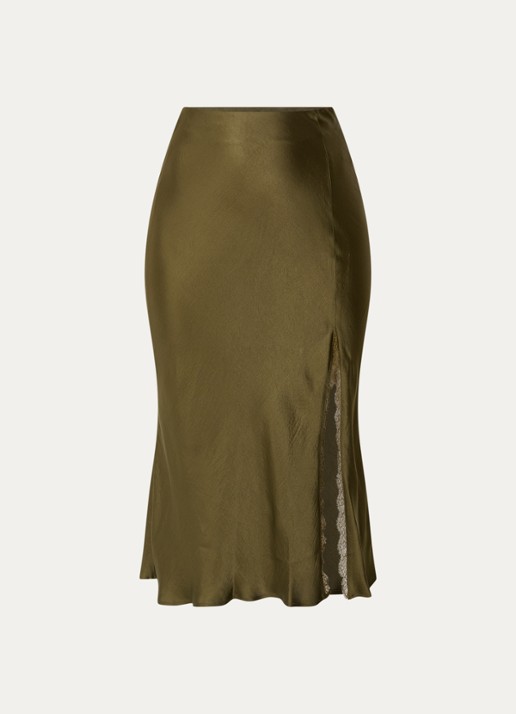 Claudie Pierlot High waist midi rok van satijn - voorkant bronsgroen