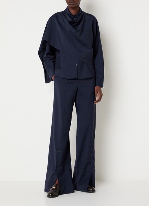 Claudie Pierlot High waist wide fit pantalon in wolblend met knoopdetail - voorkant 3 donkerblauw