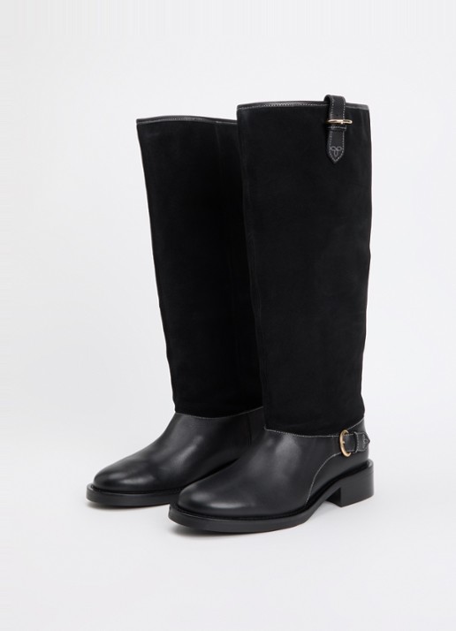 Claudie Pierlot Laars van kalfssuède met details van kalfsleer en gespdetail - detail 2 zwart