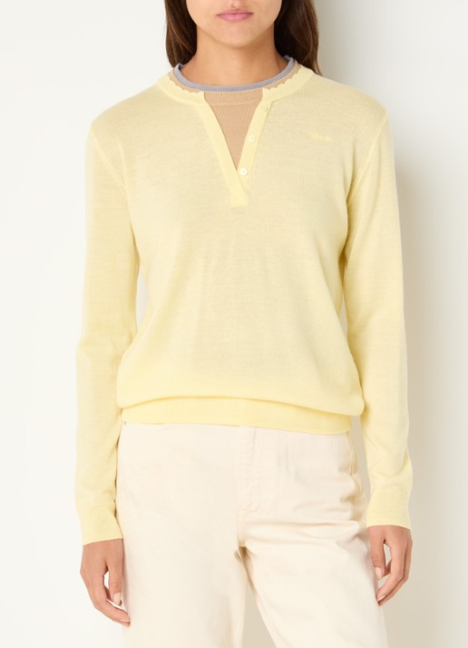 Claudie Pierlot Layette fijngebreide trui van wol met ronde hals - detail citroengeel
