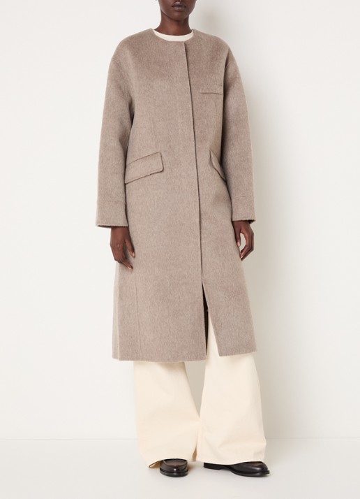 Claudie Pierlot Mantel in alpaca wolblend met afneembare sjaalkraag - voorkant 2 taupe