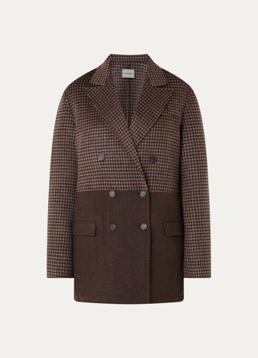 Claudie Pierlot Mantel in wolblend met pied-de-poule dessin - voorkant camel