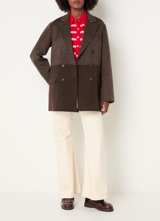 Claudie Pierlot Mantel in wolblend met pied-de-poule dessin - voorkant 2 camel