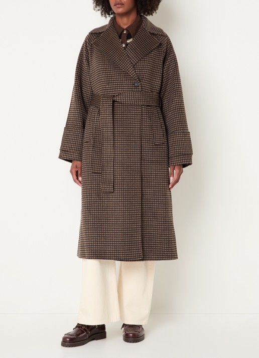 Claudie Pierlot Mantel van wol met pied-de-poule dessin - voorkant 4 camel