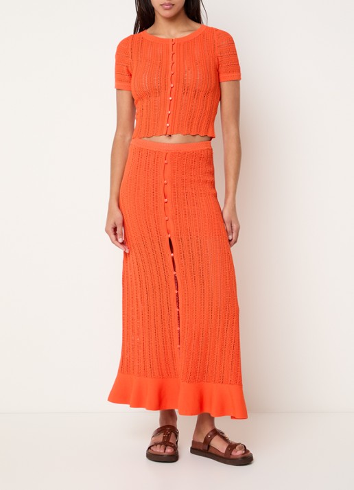 Claudie Pierlot Marc grofgebreide midi rok met sierknopen - voorkant 2 oranjerood