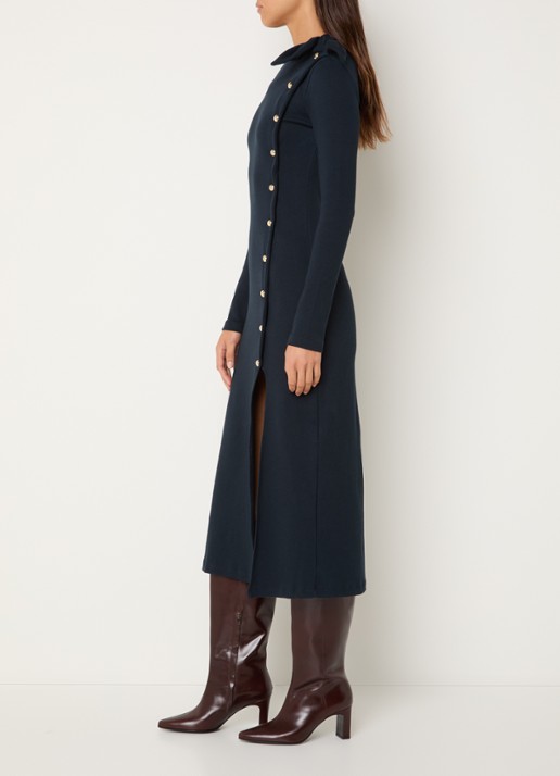 Claudie Pierlot Marceau ribgebreide midi jurk met split en strikdetail - voorkant 4 donkerblauw