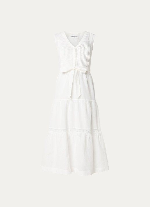 Claudie Pierlot Maxi jurk met broderie en strikceintuur - voorkant gebroken wit