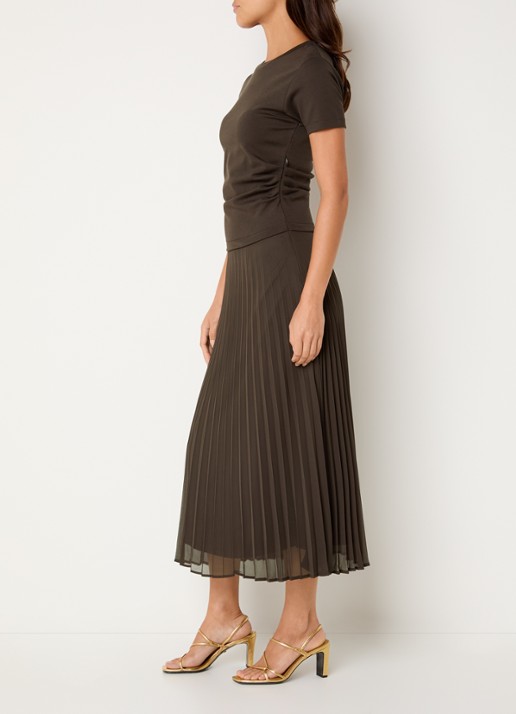 Claudie Pierlot Maxi jurk met plissé - voorkant 4 donkerbruin