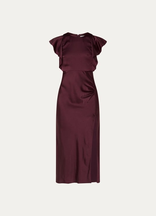 Claudie Pierlot Maxi jurk van satijn met split - voorkant 3 bordeauxrood