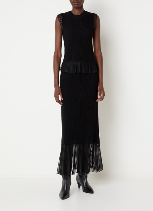 Claudie Pierlot Maxi rok met ribstructuur en details van mesh - voorkant 3 zwart