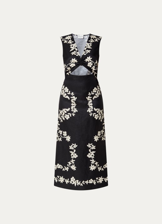 Claudie Pierlot Midi jurk in linnenblend met split en print - voorkant 3 zwart