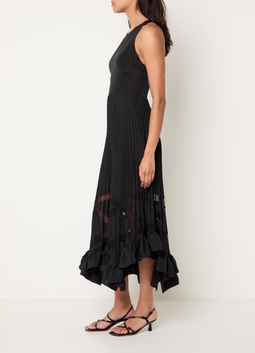 Claudie Pierlot Midi jurk met details van kant en plooien - voorkant 2 zwart