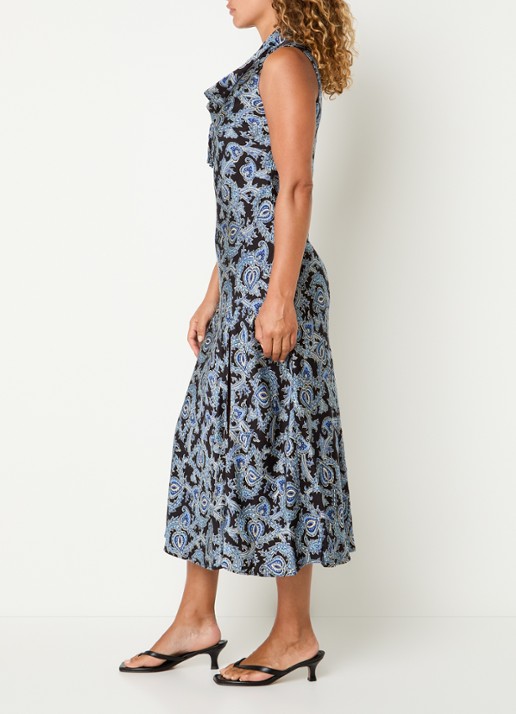 Claudie Pierlot Midi jurk met paisley dessin en split - voorkant 4 blauw