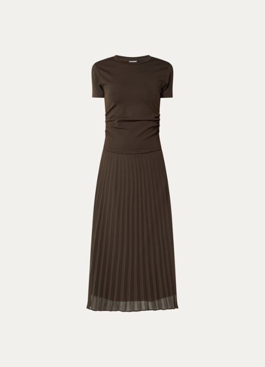 Claudie Pierlot Midi jurk met ruches en plissé - voorkant 2 donkerbruin