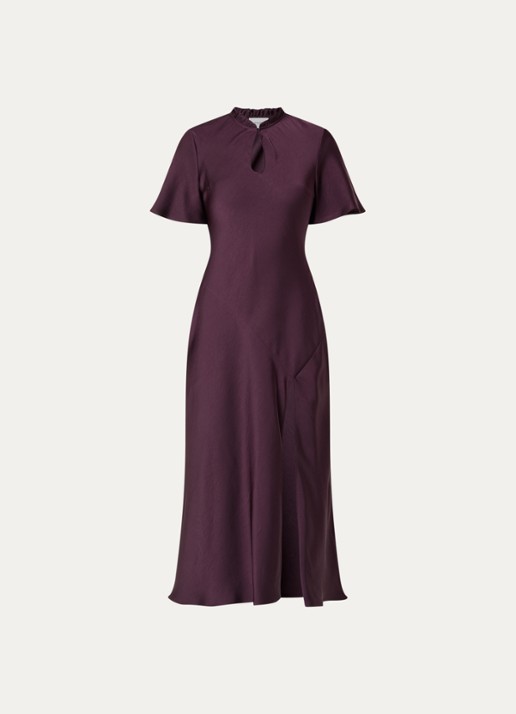 Claudie Pierlot Midi jurk van satijn met split - voorkant 2 aubergine