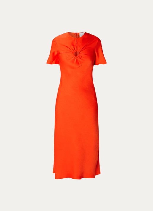 Claudie Pierlot Midi jurk van satijn - voorkant 2 koraalrood