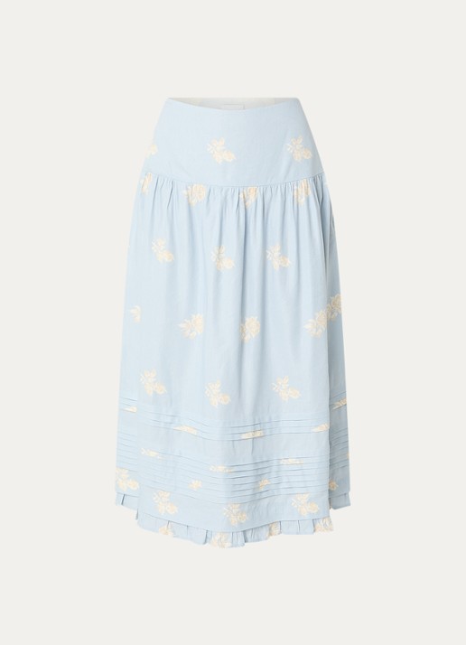 Claudie Pierlot Midi rok met bloemenprint - voorkant 3 lichtblauw