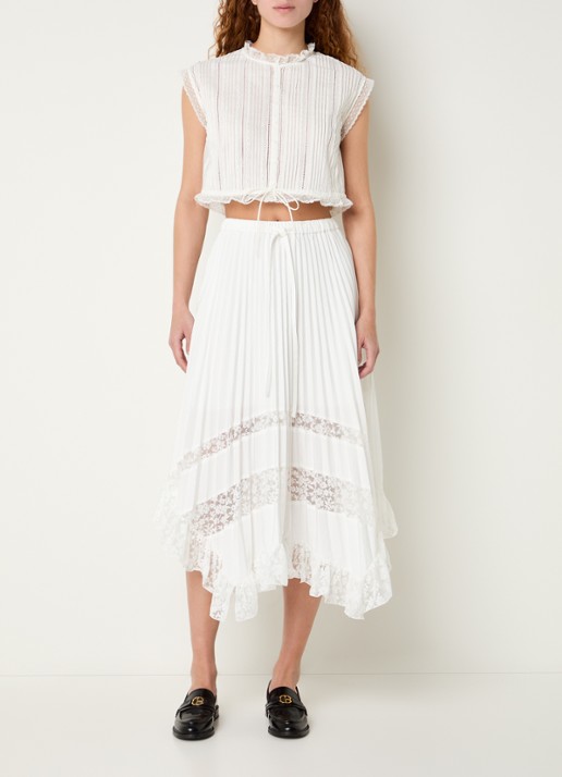 Claudie Pierlot Midi rok met broderie en plooien - voorkant 4 gebroken wit
