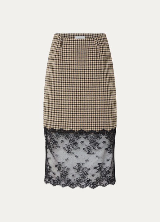 Claudie Pierlot Midi rok met details van kant - voorkant camel