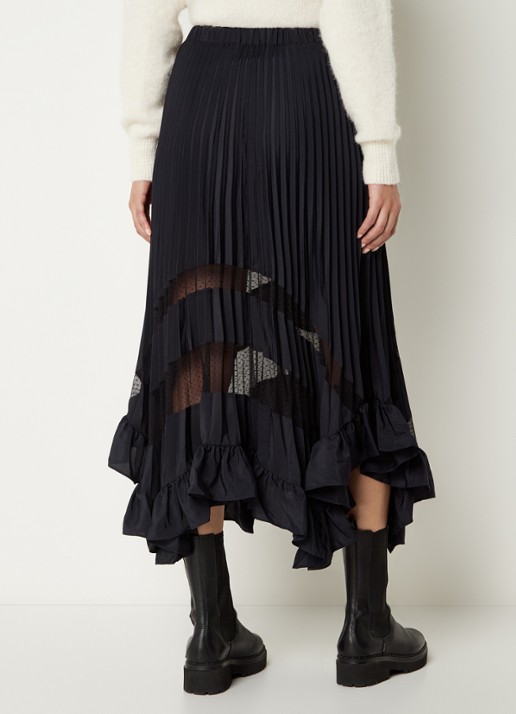 Claudie Pierlot Midi rok met plissé en volant - achterkant 4 donkerblauw