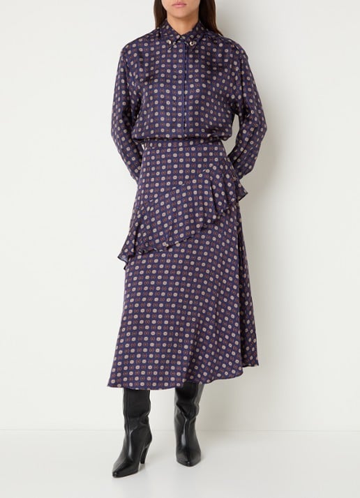 Claudie Pierlot Midi rok met volant en print - voorkant 3 donkerblauw