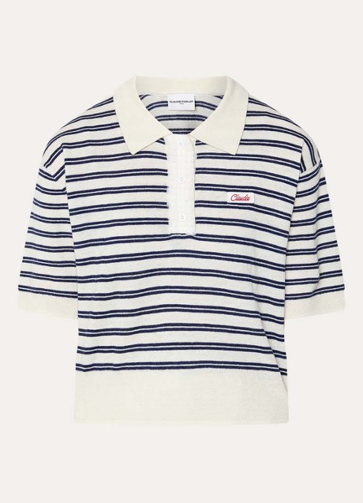 Claudie Pierlot Millys fijngebreide polo van wol met streepprint - voorkant 2 gebroken wit