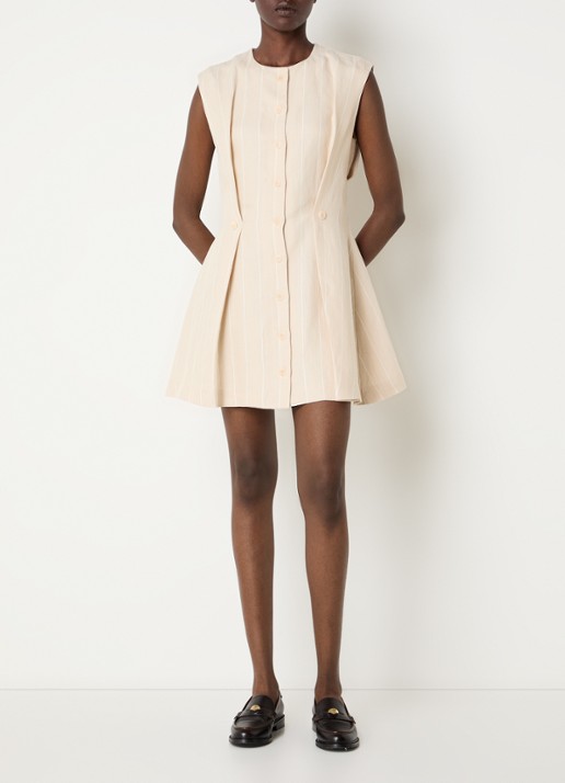 Claudie Pierlot Mini A-lijn jurk in linnenblend met streepprint - voorkant 2 zand