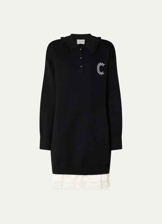 Claudie Pierlot Mini jurk in wolblend met details van kant - voorkant 2 zwart