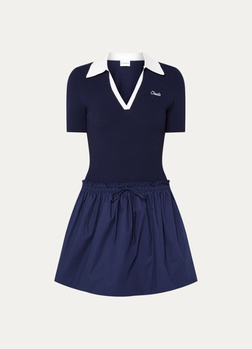 Claudie Pierlot Mini jurk met logo en V-hals - voorkant 2 donkerblauw