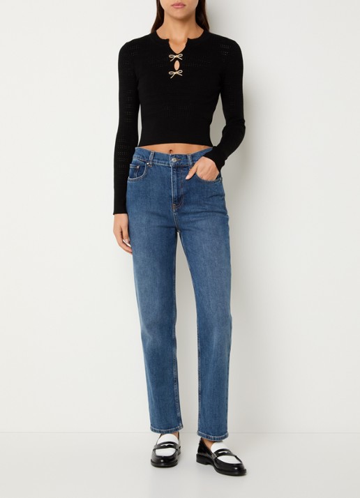 Claudie Pierlot Minivelle fijngebreide crop top met opengewerkt dessin - voorkant 3 zwart
