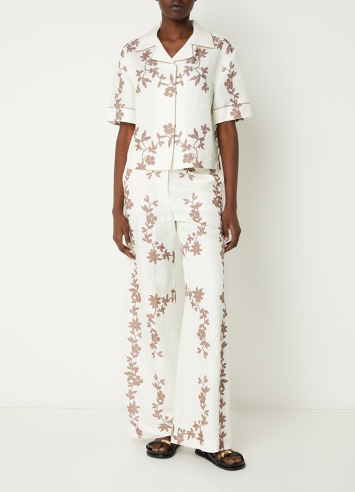 Claudie Pierlot Paulafleur high waist wide fit pantalon in linnenblend met bloemenprint - voorkant 3 bruin