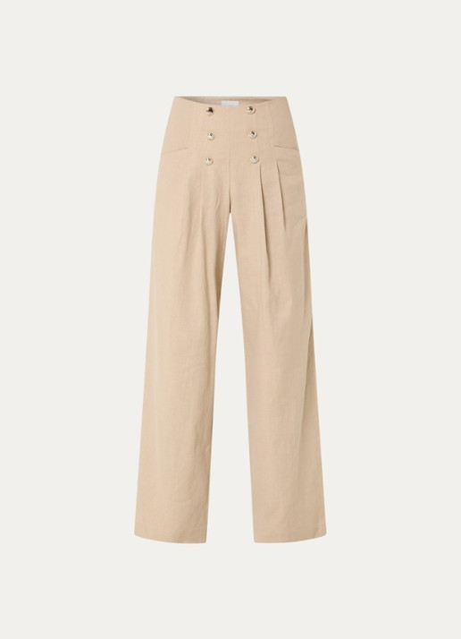 Claudie Pierlot Paulin high waist wide fit pantalon in linnenblend met sierknopen - voorkant 2 beige
