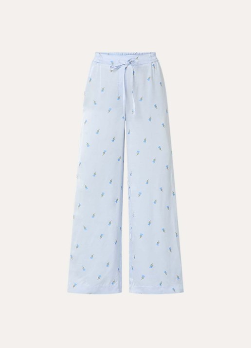 Claudie Pierlot Piste high waist wide fit pantalon van satijn met bloemborduring - voorkant 2 lichtblauw