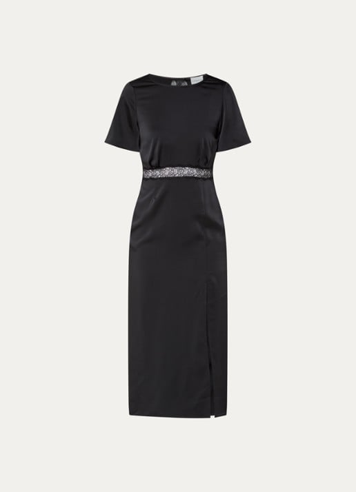 Claudie Pierlot Rama midi jurk van satijn met details van kant - voorkant zwart