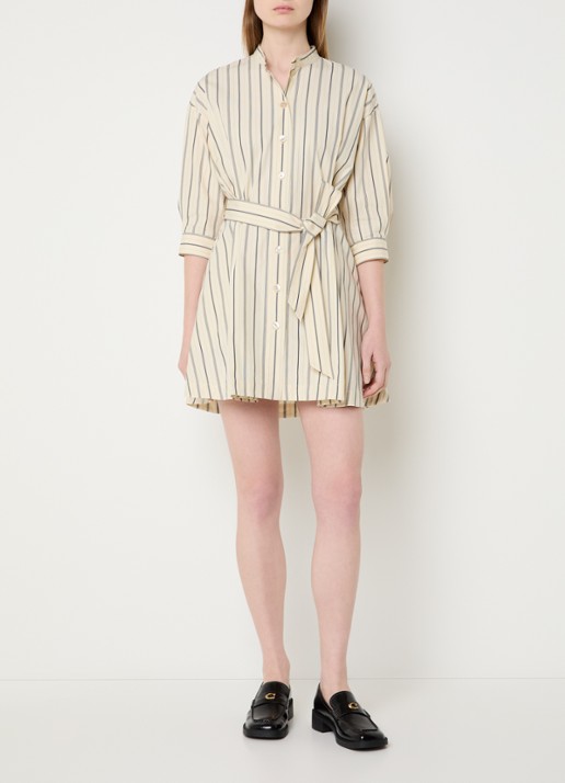 Claudie Pierlot Reiya mini blousejurk met strikceintuur en streepprint - voorkant 3 creme