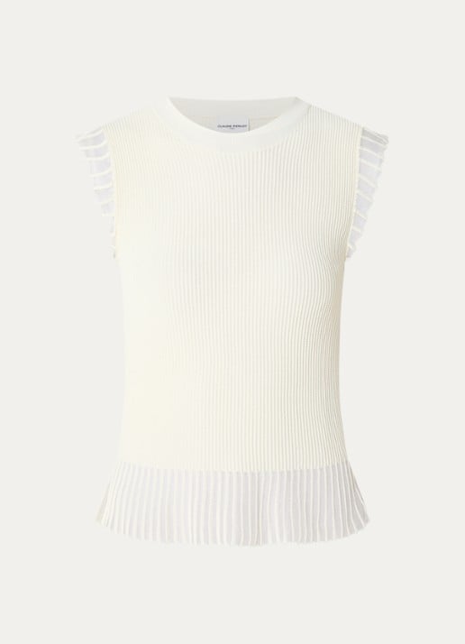 Claudie Pierlot Ribgebreide top met ronde hals - voorkant 2 gebroken wit