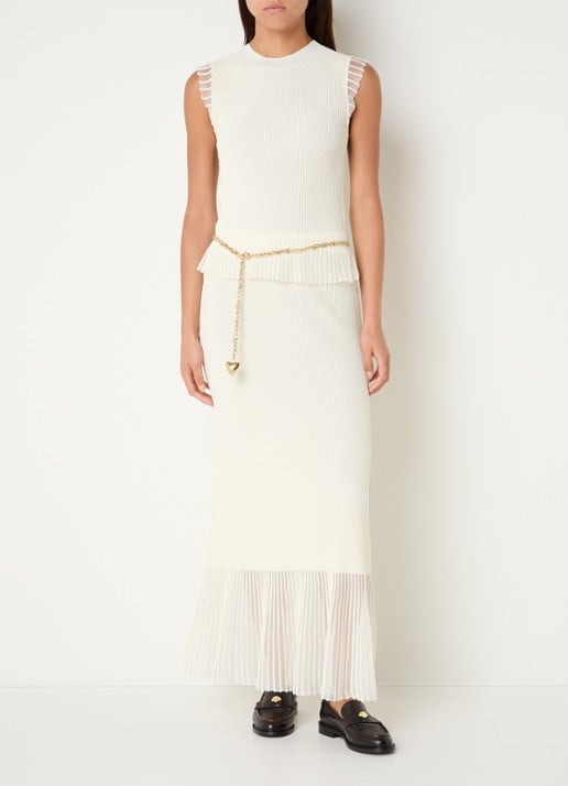 Claudie Pierlot Ribgebreide top met ronde hals - voorkant 3 gebroken wit