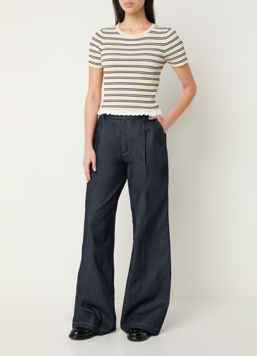 Claudie Pierlot Ribgebreide top met streepprint  - voorkant 3 creme