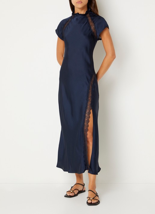 Claudie Pierlot Richie midi jurk van satijn met details van kant - detail 3 donkerblauw