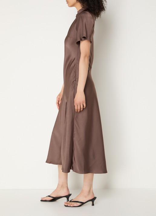 Claudie Pierlot Rosane midi jurk van satijn met split en keyhole - voorkant 4 bruin