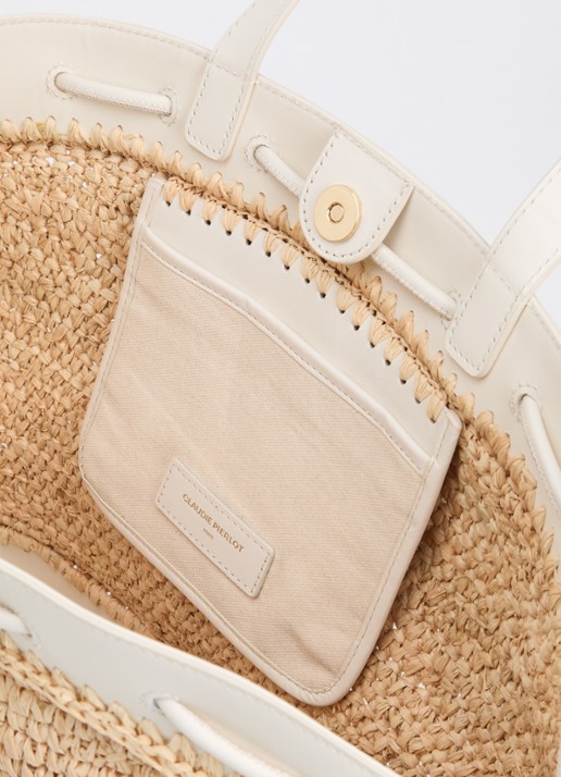 Claudie Pierlot Schoudertas van raffia met details van kalfsleer - detail 2 gebroken wit