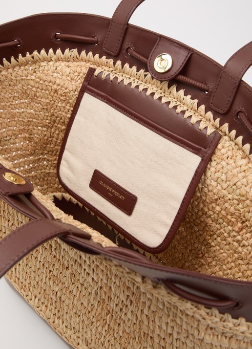 Claudie Pierlot Schoudertas van raffia met details van kalfsleer - detail 3 kastanjebruin